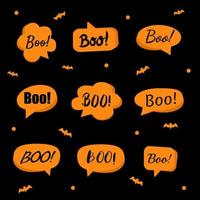 Orange speech bubble with boo isolated on black. Set of cute halloween stickers. Vector illustration in flat style.