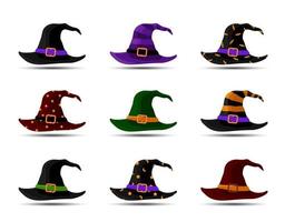 Colorful Witch and Wizards Hats with Belt. Halloween costume. Set of vector illustration in flat style.