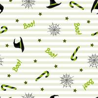 Seamless pattern with halloween hat, candies and spider web on white background. For wrapping paper, invitations, web design. Vector illustration in flat style.