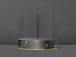 Product podium in black background with kintsugi effect. Abstract minimal scene to presentation or show cosmetic. Vector realistic platform. 3d render