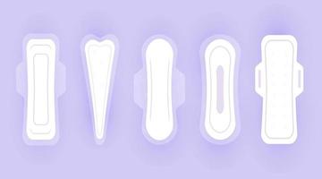 almohadillas higiénicas para mujeres conjunto de iconos vectoriales aislados en fondo violeta con sombra. tipos de toallas higiénicas, productos de toallas sanitarias para la higiene femenina. elementos de higiene personal en estilo plano.