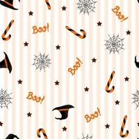 Seamless pattern with halloween hat, candies and spider web on white background. For wrapping paper, invitations, web design. Vector illustration in flat style.