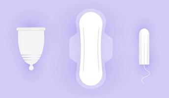 Feminine hygiene composition. Choice between menstrual cup, tampon and pads. Protection for girls in critical days. 3D realistic vector illustration of woman hygiene.