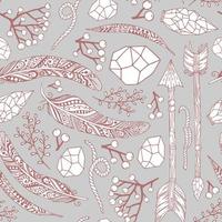 Vector seamless pattern in Boho style with arrows of feathers, plants, stones and rope.