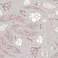 Vector seamless pattern in Boho style with arrows of feathers, plants, stones and rope.