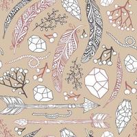 Vector seamless pattern in Boho style with arrows of feathers, plants, stones and rope.