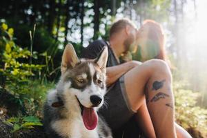 beautiful couple resting in the forest photo