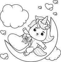 Coloring Book Cute Unicorn holding a heart vector