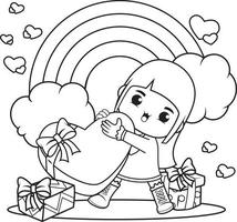 Coloring book cute girl holding a heart vector