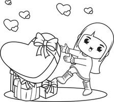 Coloring book cute girl holding a heart vector