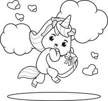 Coloring Book Cute Unicorn holding a heart vector