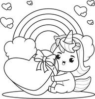 libro para colorear lindo unicornio sosteniendo un corazón vector