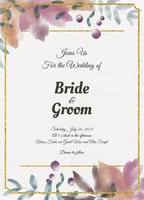 tarjeta de invitación de boda con follaje de acuarela y marco dorado vector