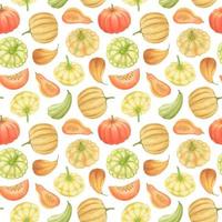 WHITE VECTOR SEAMLESS PATTERN WITH MULTICOLORED WATERCOLOR PUMPKINS