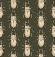 OLIVE VECTOR SEAMLESS PATTERN WITH WATERCOLOR RHINOCEROS BEETLES