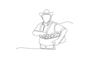 Single one line drawing man with freshly harvested box. Thanks giving concept. Continuous line draw design graphic vector illustration.