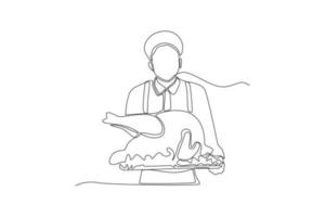 Single one line drawing chef bring roast chicken. Thanks giving concept. Continuous line draw design graphic vector illustration.