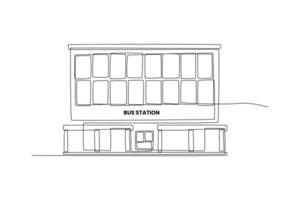 Continuous one line drawing bus station. Building and office concept. Single line draw design vector graphic illustration.