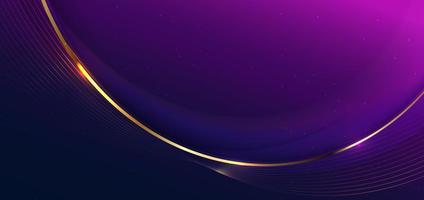 Abstract 3d gold curved line on purple and dark blue background with lighting effect and sparkle with copy space for text. vector