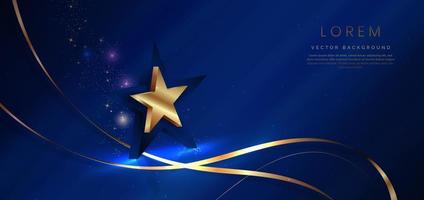 3d golden star with golden ribbon curved on dark blue background. Template luxury premium award design. vector