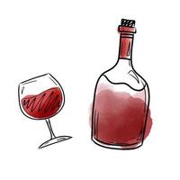 Vector illustration with a bottle and a glass of red wine in watercolor style. Vector illustration with drinks, for packaging, bars, cafes, menus.