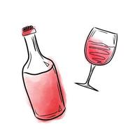 Vector illustration with a bottle and a glass of red wine in watercolor style. Vector illustration with drinks, for packaging, bars, cafes, menus.