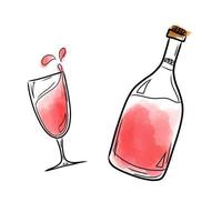 Vector illustration with a bottle and a glass of red wine in watercolor style. Vector illustration with drinks, for packaging, bars, cafes, menus.