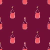 Vector pattern with bottles of red wine on a colored background in doodle style. Alcohol in a glass bottle, Illustration for packaging, cafes, bars, products.