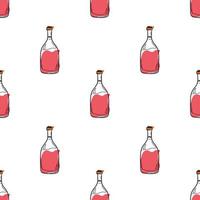 Vector pattern with bottles of red wine on a colored background in doodle style. Alcohol in a glass bottle, Illustration for packaging, cafes, bars, products.