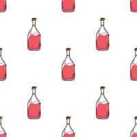 Vector pattern with bottles of red wine on a colored background in doodle style. Alcohol in a glass bottle, Illustration for packaging, cafes, bars, products.