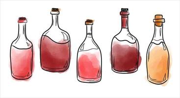 A set of vector illustrations with bottles of red and white wine, watercolor splashes of wine. Isolated elements on a white background. Vector illustration in Hand-draw style