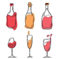 A set of vector illustrations with bottles and glasses of red and white wine, watercolor splashes of wine. Isolated elements on a white background. Vector illustration in the style of drawing by hand