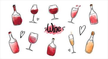 A set of vector illustrations with bottles and glasses of red and white wine, watercolor splashes of wine. Isolated elements on a white background. Vector illustration in the style of drawing by hand