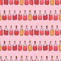 Vector pattern with bottles of red and white wine on a pink background, Alcohol in a glass bottle, Illustration for packaging, cafes, bars, products.