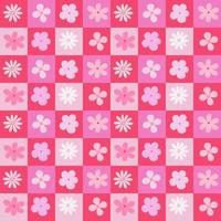 Pink tone Flower in chess board table vector. Chess table seamless pattern with geometric flowers. Simple and trendy flat vector illustration in retro style.