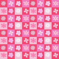 Pink tone Flower in chess board table vector. Chess table seamless pattern with geometric flowers. Simple and trendy flat vector illustration in retro style.