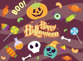 Halloween seamless pattern with pumpkins, candies, eyeball, ghost, spooky vector