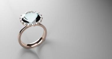 3D rendering of realistic massive diamond and tiny diamonds surrounded the ring. Solitaire engagement ring, diamond eternity bands on book paper background. Studio light with shadow on base. photo