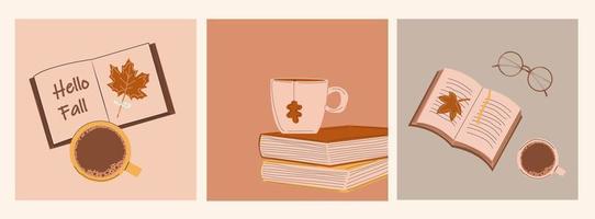 ilustraciones libro marrón con cinta amarilla y taza de café con dibujo. . Ambiente para leer libros. estilo de dibujos animados plano moderno.set otoño de tres ilustraciones vectoriales vector