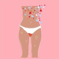 folleto sobre la menstruación. la menstruación causa malestar y posible dolor. es normal ser una mujer con cicatrices y crecimientos en el cuerpo. vector. vector