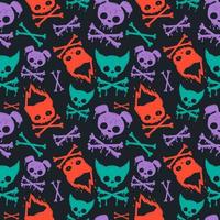 Seamless pattern with Skulls kitty, bat, bunny. Burning skull. Trendy isolated colorful Vector illustration. Cartoon, vintage style. Poster, tattoo idea, t-shirt print, sticker, logo design template