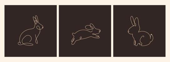 One line drawing Rabbits set .Poster, Vector on a dark background