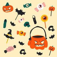lindos personajes de dibujos animados de dulces de halloween, colección de pegatinas en estilo dibujado a mano. conjunto de vectores en estilo de dibujos animados. todos los elementos están aislados