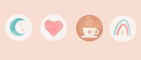 iconos de ilustración acuarela café, luna, arco iris, corazón. se puede usar para instagram