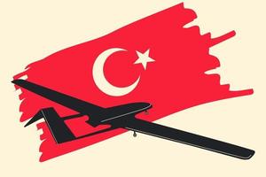 Unmanned aerial vehicle Bayraktar TB2 SIHA silhouette vector on a Turkish flag background. Vector drawing of unmanned combat aerial vehicle. Side view. Image for illustration and infographics