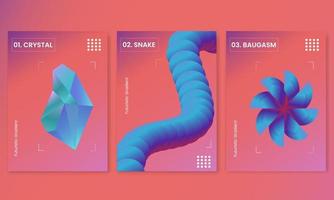 Set of futuristic gradient 3d bold square posters templates for science, music or presentation album print. Holographic, cyberpunk geometric vector illustration background.