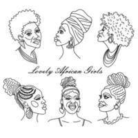 retratos al estilo de una línea hermosas mujeres africanas con turbante tradicional, envoltura de cabeza kente africana, mujeres negras vector silueta boceto aislado, concepto de peinado
