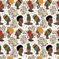 Kwanzaa African American pretty girls. Vector Illustration of Black Woman with glossy lips and turban. Seamless surface pattern isolated on white.