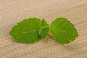 hojas de menta sobre fondo de madera foto