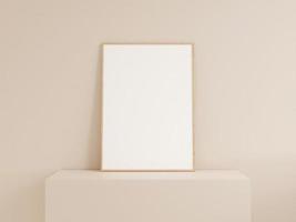 Clean front view vertical wooden photo or poster frame mockup leanings against wall. 3d rendering.